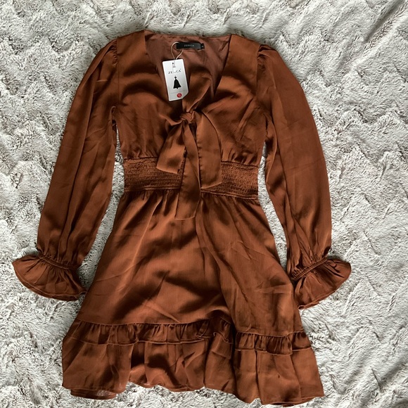 ZESICA Women's Sexy Deep V Neck Knot Front Long Sleeve Dress - Picture 5 of 6